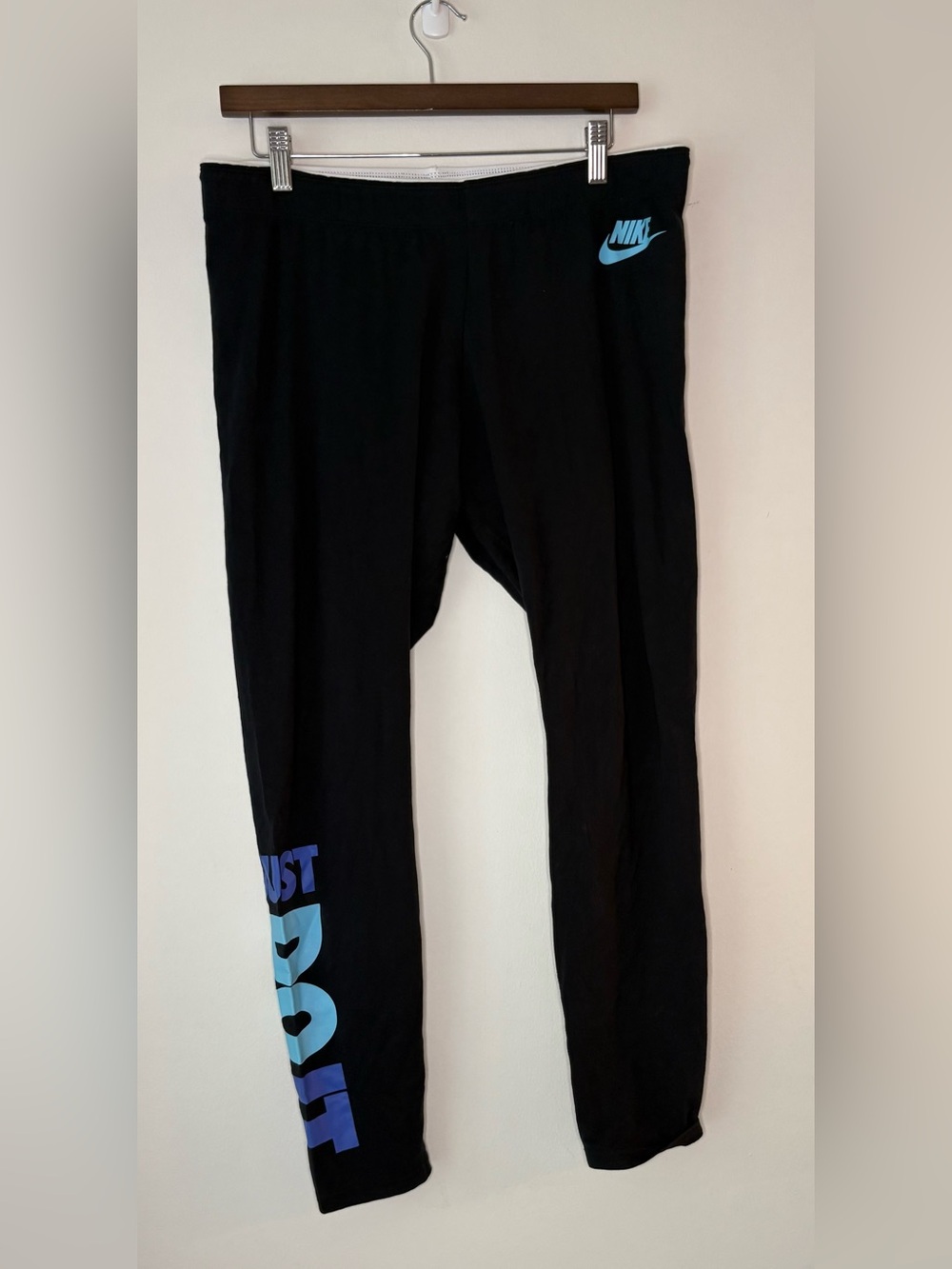 Women’s Nike Leg-A-See "Just Do It" Black Leggings Blue Graphic Sz XL